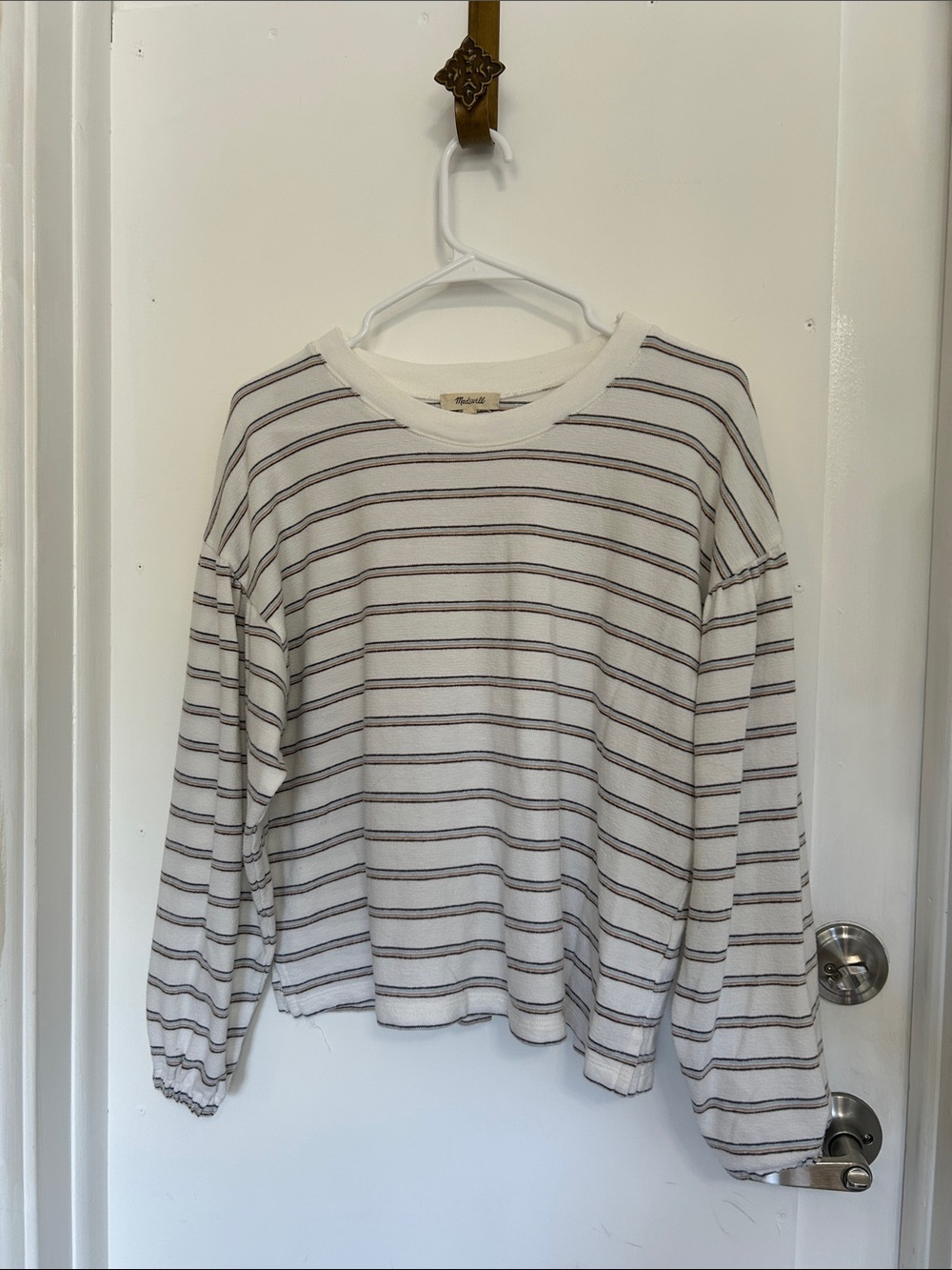 Madewell Cream Tee with Brown and Blue Stripes